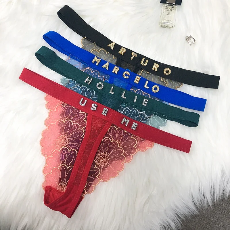 Personalized Thongs Customize Crystal Name Letter Panties Women Sexy  Embroidery Lace Underwear Bikini G-String Lover Gift