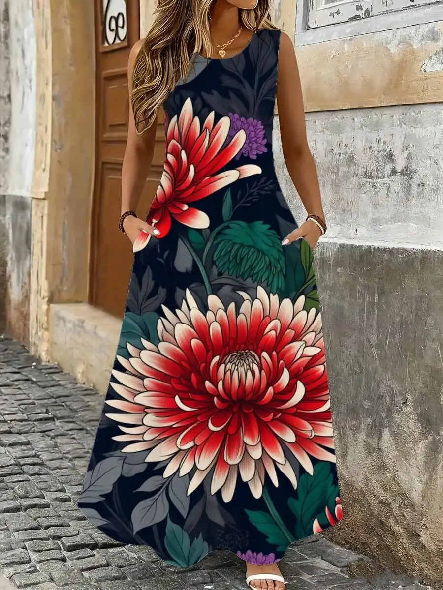 

Floral Maxi Dress Blue Red White Chrysanthemum Print Summer Beach Vacation Wear