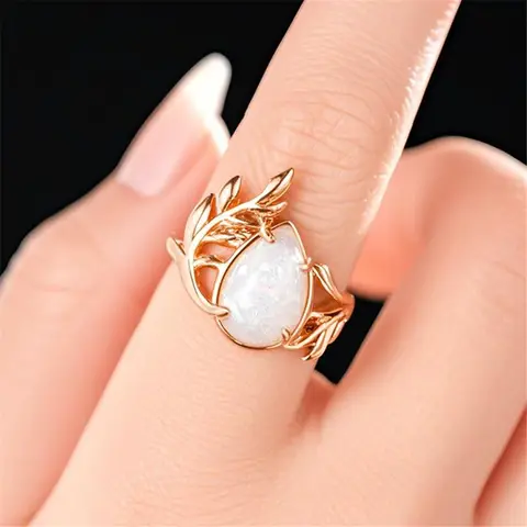 Cute White Fire Opal Stone Water Drop Rings For Women Gold Color Engagement Wedding Jewelry