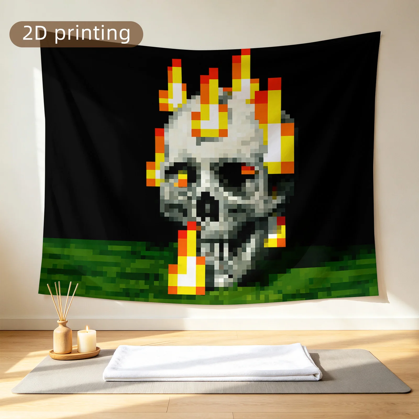 VIKAMA Pixel Skull Tapestry, Flaming Skeleton Gamer Wall Hanging, Cool Room Decor for Boys Bedroom Dorm Game Room