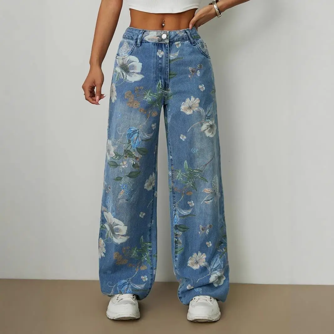 

New Womens High Waisted Floral Print Wide Leg Jeans Vintage Washed Loose Fit Denim Pants for Streetwear
