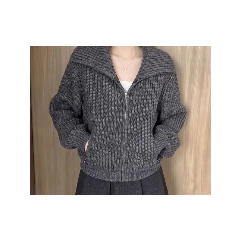 Korean Lapel Knitted Sweater Women's 2026 Autumn Lazy Wind Loose Long-sleeved Top