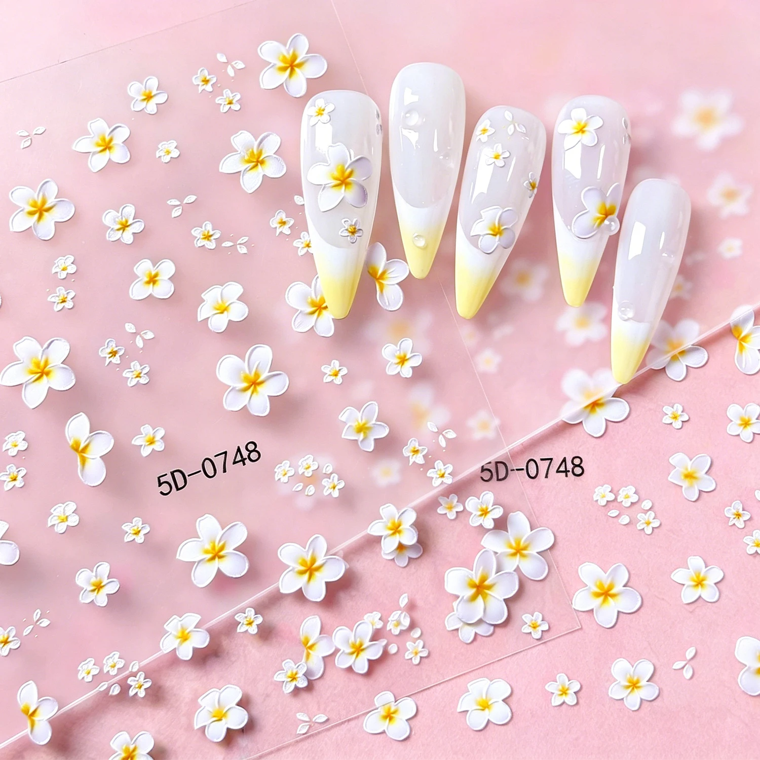 5D Embossed Summer Island Beach Vacation Nail Stickers Bright Yellow White Frangipani Hawaiian Flower Nail Art Decals DIY Decor