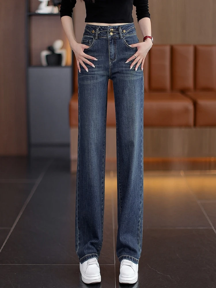 

High Waist Straight Leg Jeans Women's Spring Autumn Slim Fit Casual Long Pants Wide Leg Pants Comfortable Breathable Cotton