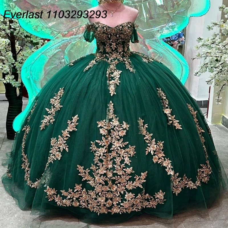 

EVLAST Customized Mexican Emerald Green Quinceanera Dress Ball Gown Gold Lace Applique Beading Sweet 16 Vestido De 15 Anos E1Q53