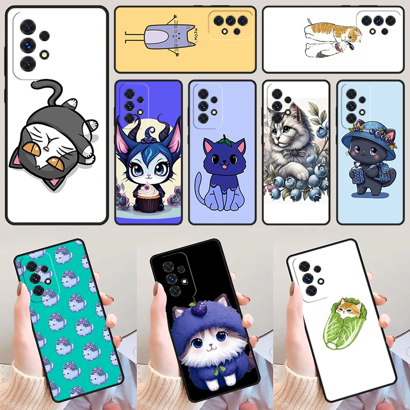 Cute Kawaii Blueberry Cat For Samsung Galaxy A52 A72 A73 A20e A21S A50 A70 A11 A12 A42 A31 A40 A51 A71 A32 A80 Phone Case Cover