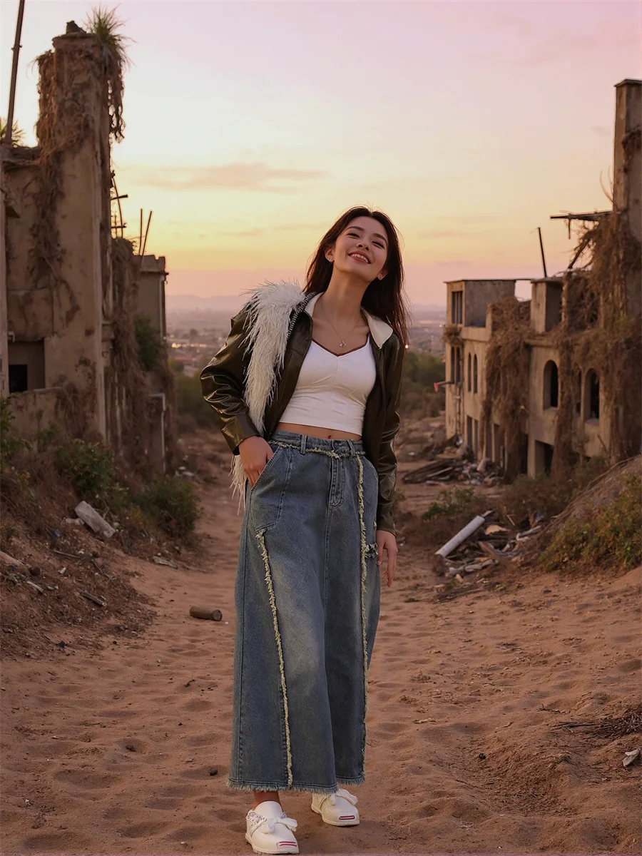 

Ankle length Denim Skirts Womens Fringed Pleated High Stripe Autumn Comfortable College Artistic Layered Elegant Plaid Modern