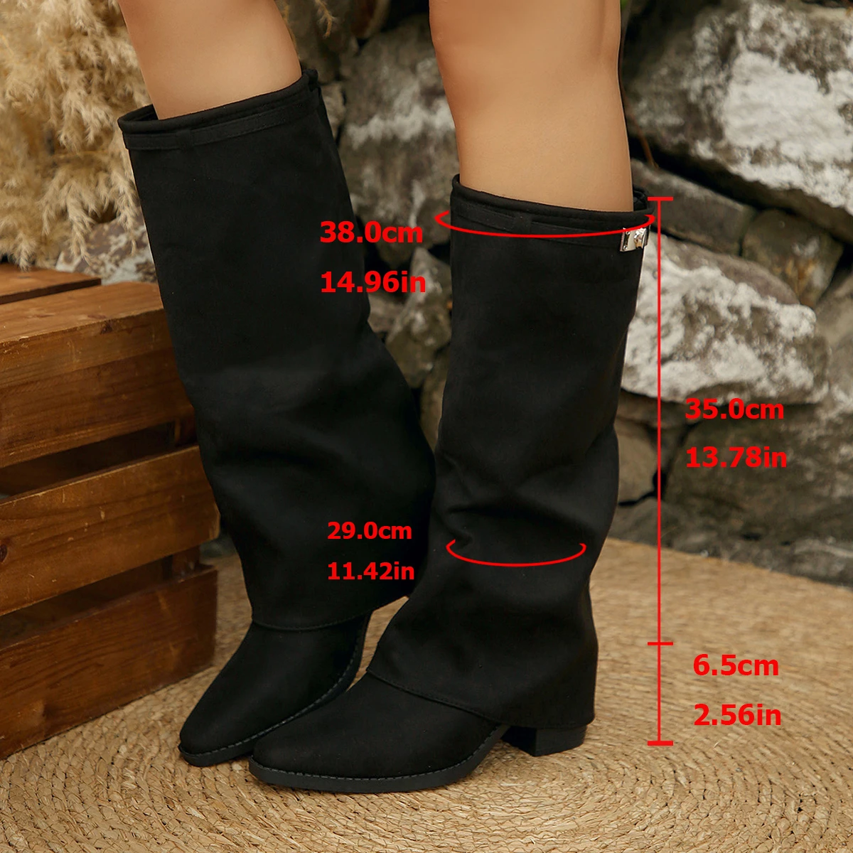 Damen Mode Faltbare Kniehohe Stiefel Winter Einfarbig Rutschfest Dickbesohlte Weitgeschnittene PU-Leder Mode-Stiefel Botas Mujer – Detail 3
