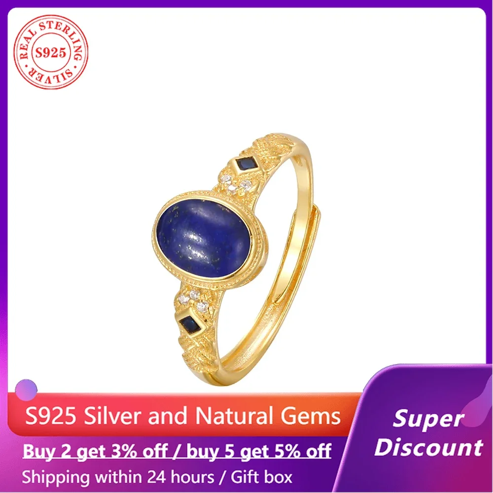 

18k gold plated luxury princess ring with natural gemstone lapis lazuli women's ring wedding jewelry gift s925 pure silver ring