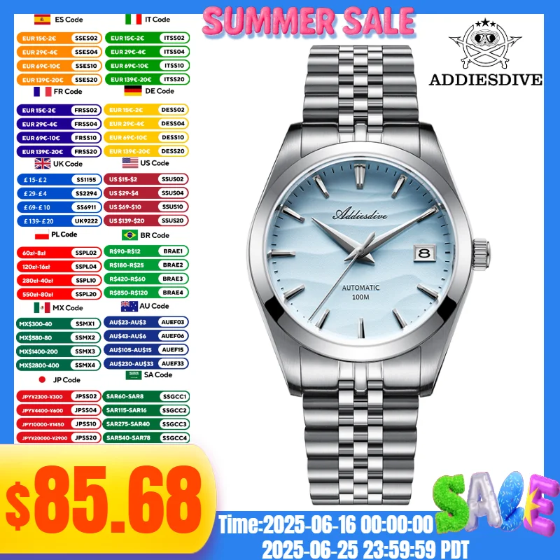 ADDIESDIVE Men's Watch Jubilee Strap Sapphire Glass 316L Steel 100M Diving Relogios Masculino Automatic Mechanical Watch