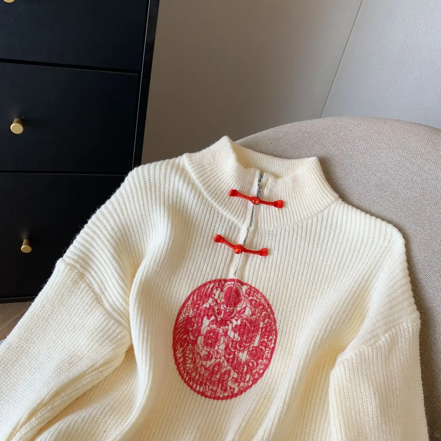 Suéter rojo de estilo chino para mujer, jerséis tejidos con botones Vintage para primavera y otoño, camiseta con cordón estampado para oficina para mujer