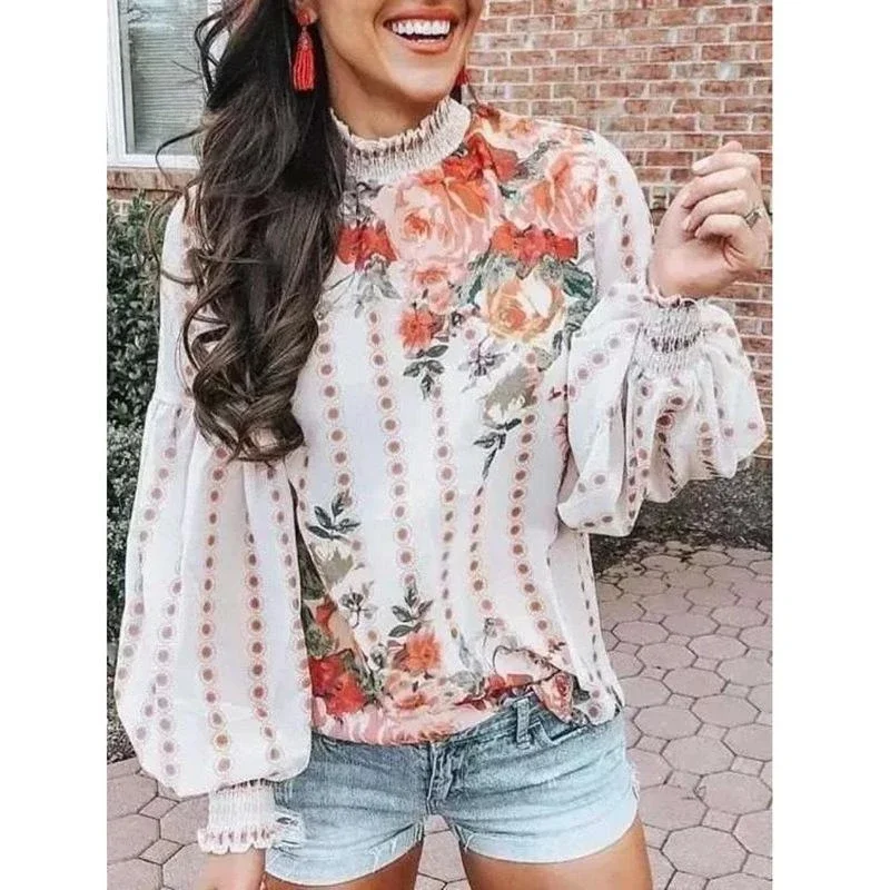 Printed Woman Shirt Sweet Blouse Spring Autumn Woman Blouse Fashion Lantern Sleeve Woman Blouse Top