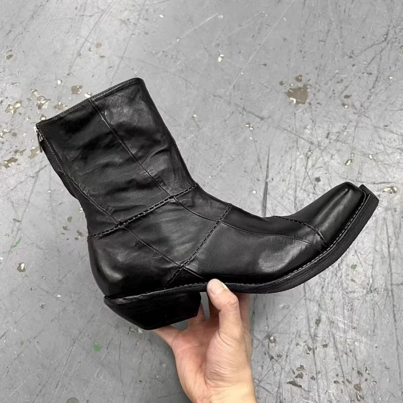 Splicing Leather Thick Heel Chelsea Boots Workwear Square Toe Retro Wizard Boots for Men and Women Chunky Heels Knight Boots