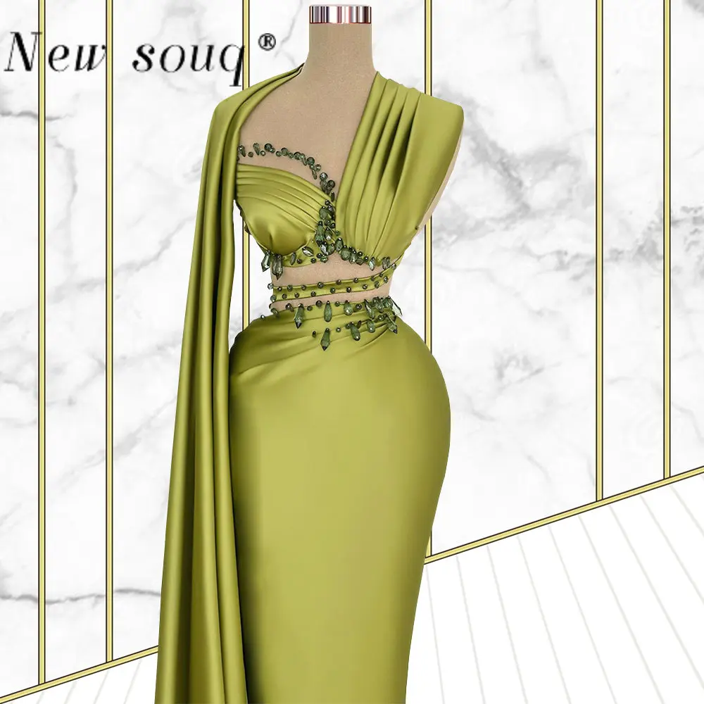 Elegant Olive Green Long Evening Dresses for Women Wedding Party 2023 Sexy Cut Out Crystals One Shoulder Satin Prom Gowns