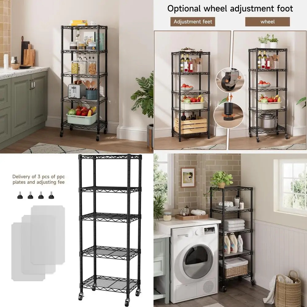 

5-Tier Adjustable Metal Wire Shelving Unit with Wheels for Kitchen, Laundry, or Pantry - 12D x 18W x 57.2H, Black