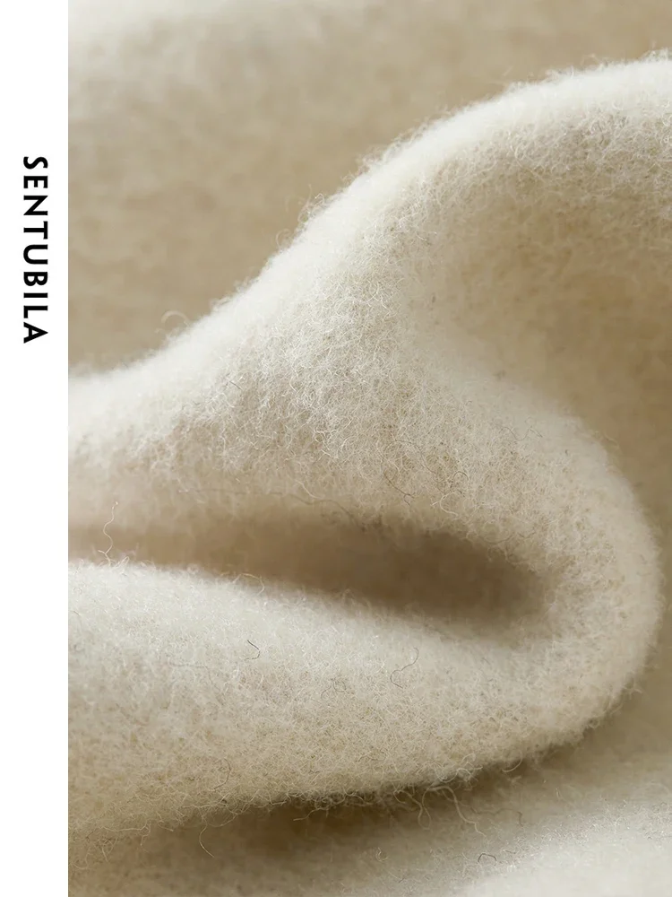 SENTUBILA Damskie Wełniane Krótkie Kurtki 2025 Zima Okrągły Dekolt Metalowe Jednorzędowe Kieszenie Elegancka Odzież Wierzchnia Biurowa W44O56000