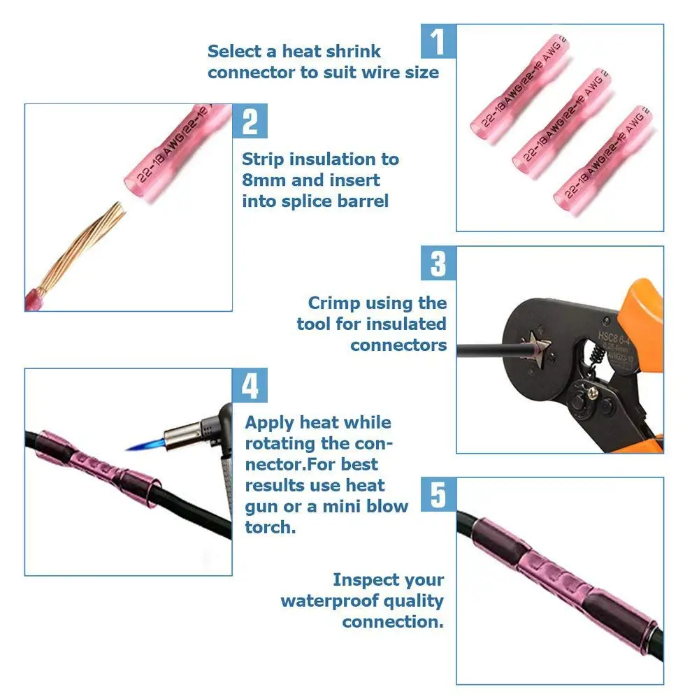 500/100PCS Heat Shrink Crimp Terminals Insulated Butt Electrical Splice Wire Connectors Cable Crimp Terminal Connector AWG 26-10