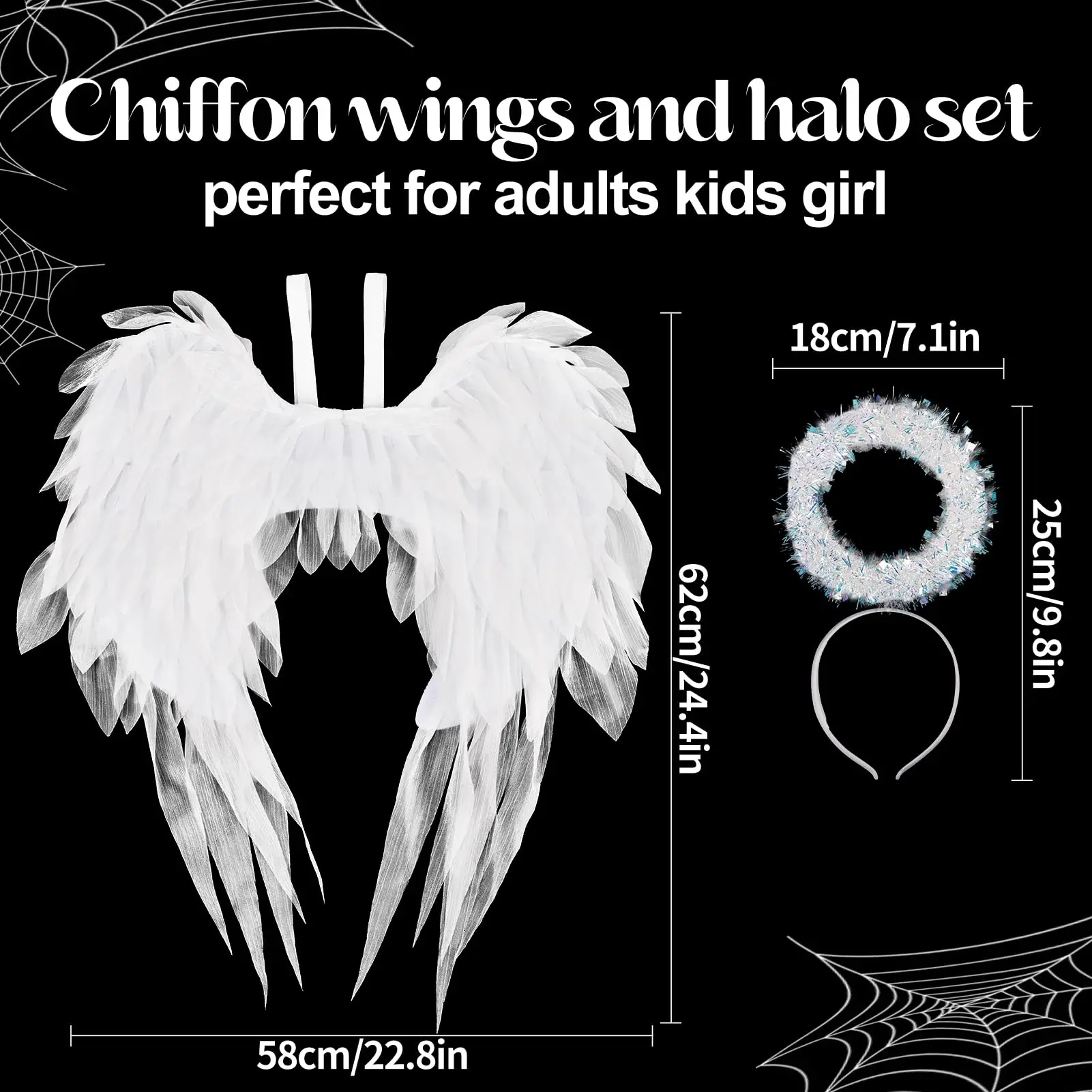 妖精の羽とヘイローヘッドバンドシフォン天使コスチュームアクセサリー女の子女性ハロウィンクリスマスドレスアップパーティー天使の羽