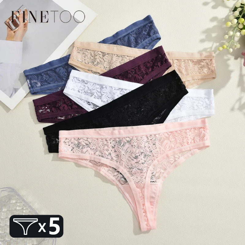 FINETOO 5Pcs Spitze Aushöhlen Thongs Unterwäsche Frauen Blumen Druck Höschen Sexy Low-Taille G-String Mädchen Weiche Perspektive dessous