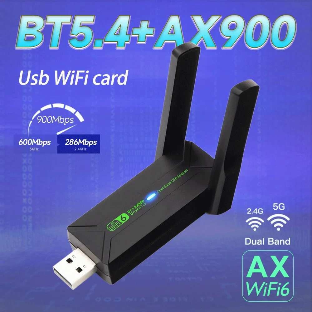 

WiFi AX900 USB Adapter Wi-Fi Antenna Bluetooth 5.4 Wireless Network Card 2.4G/5GHz USB Dongle Recevier For PC/Laptop Driver Free