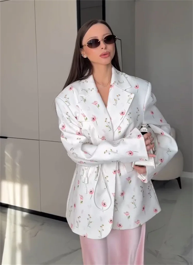 

Fashion Women's Flower Printed Blazer Waist-Closed Turn-Down Collar Lace Up Coats 2025 Autumn New Elegant Chic Tops Outwear