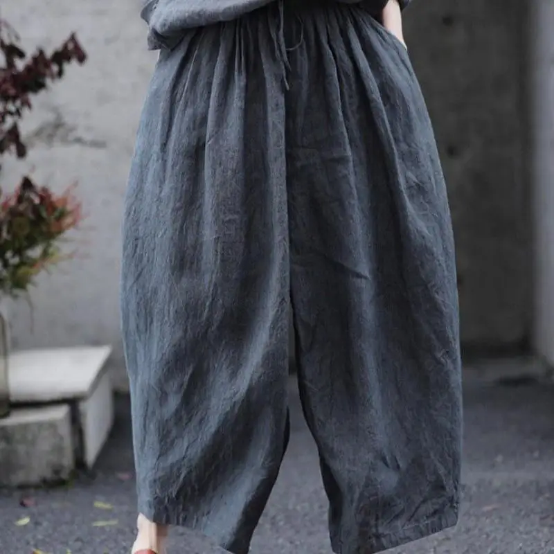 Spring Summer Arts Style Drawstring Design Loose Ankle-length Women Pants All-matched Casual Linen Wide Leg Pants Good Quality