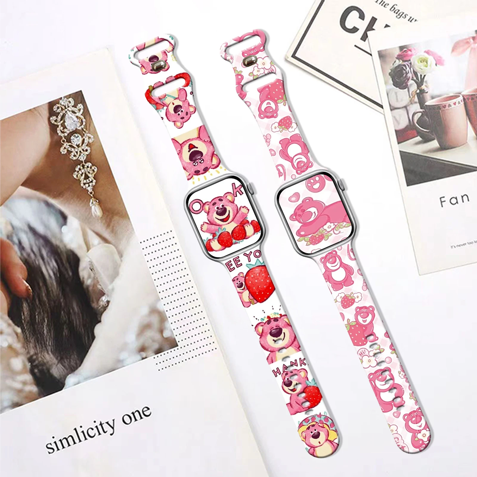 Strawberry Bear Series Print Strap for Apple Watch 46mm 44mm 42mm 41mm Silicone Band Replaceable Watchband for iWatch 11 10 9 SE