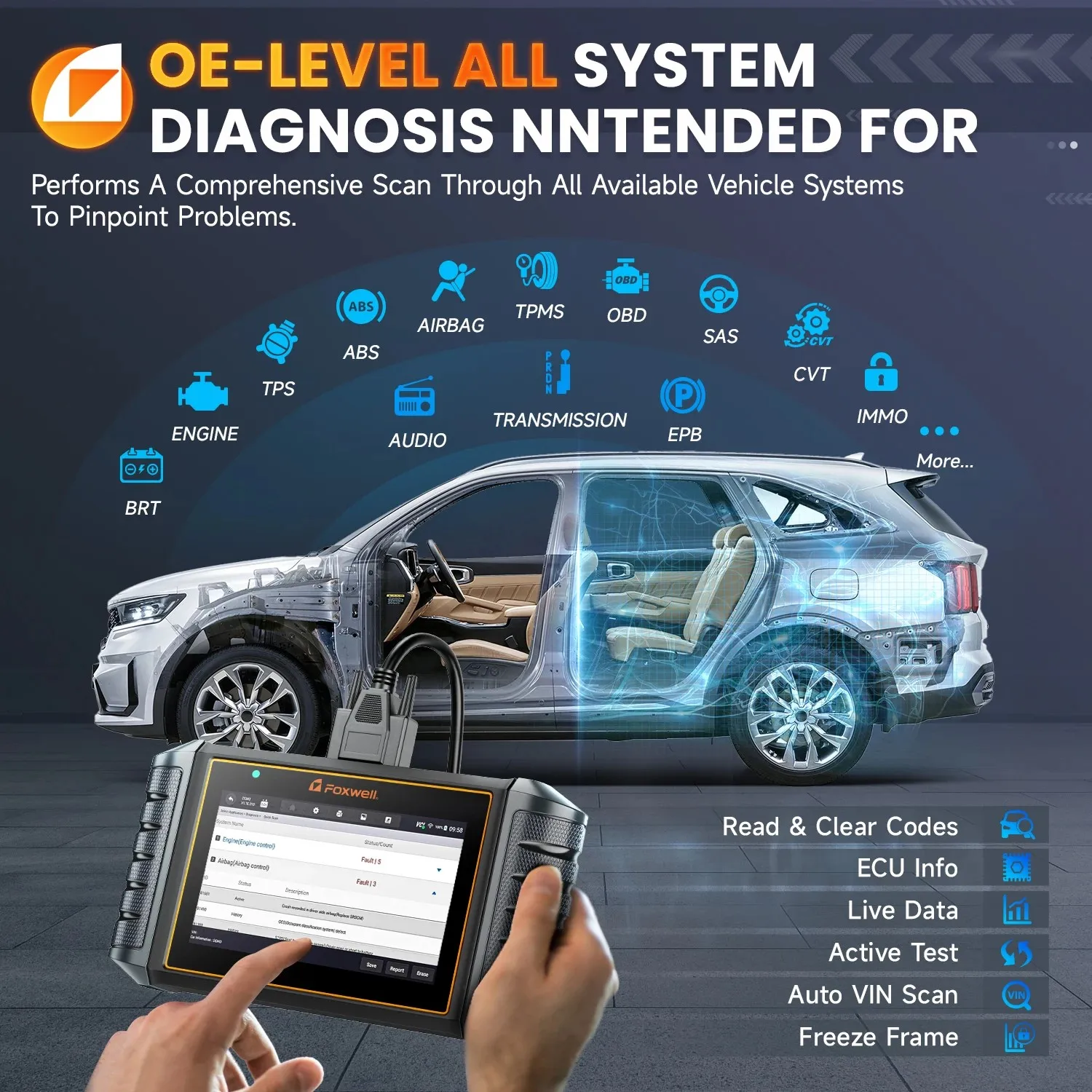 فوكسويل NT710 Obd2 الماسح الضوئي للسيارات ثنائي الاتجاه ECU الترميز IMMO النفط EPB TPMS ABS 30 + إعادة تعيين السيارات جميع أدوات تشخيص النظام #5