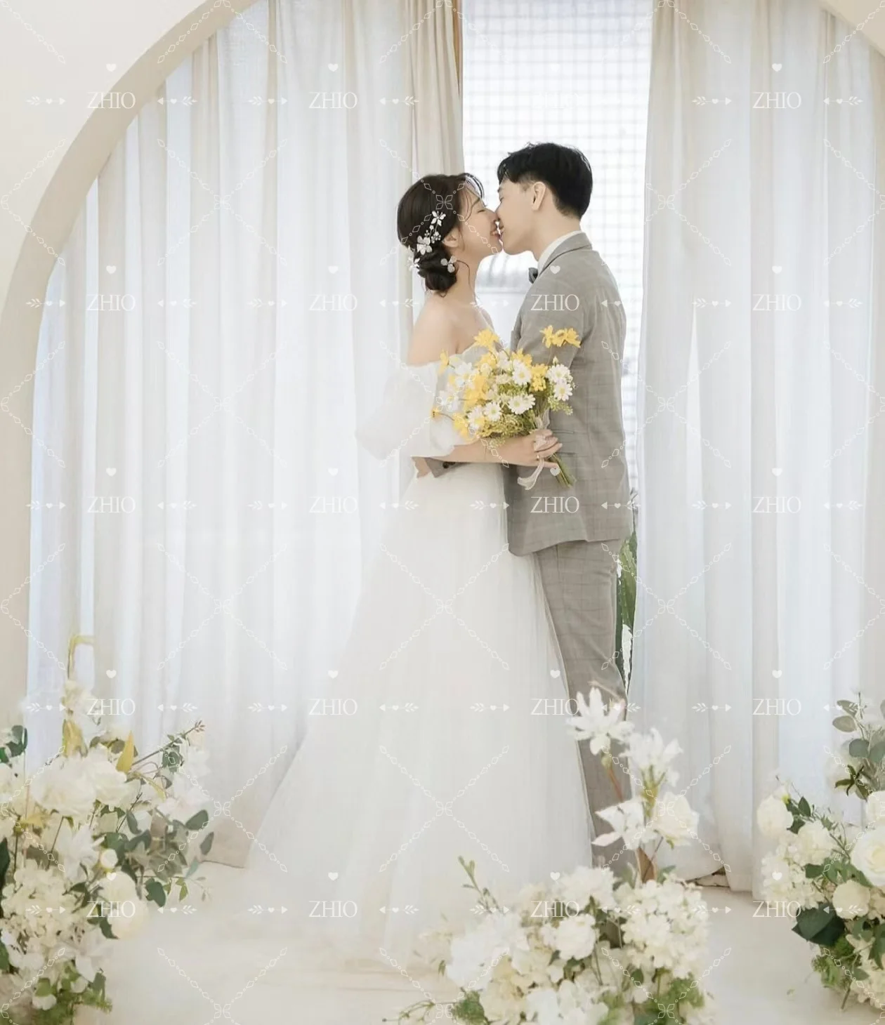 ZHIO Fairy White Tulle Wedding Party Dress Sweetheart Off Shoulder Bow A-Line Korea Photo Shoot Bridal Reception Gown Customized