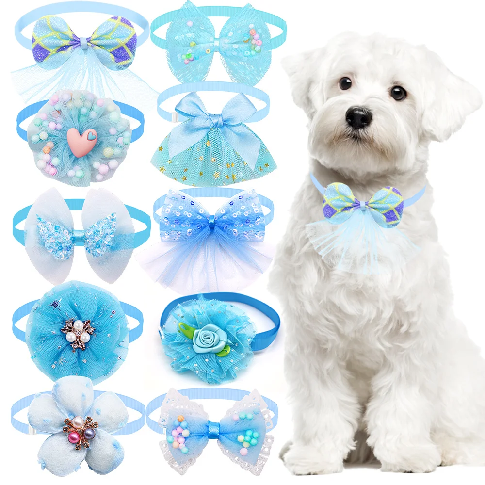 10pcs Pet Dog Bow Collar Adjustable Dog Cat Bows Collar Lace Bling Necktie for Small Dog Accessories Puppy Grooming Supplier