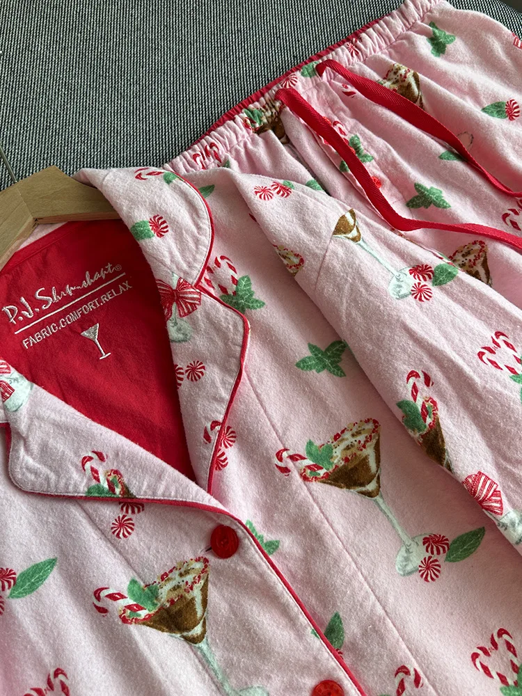 Damen Niedlicher Cartoon-Druck 100% Baumwolle Gebürstetes Pyjama-Set Frühling Herbst Langarm-Oberteil Lange Hose 2-teilig Loungewear Homewear – Detail 38