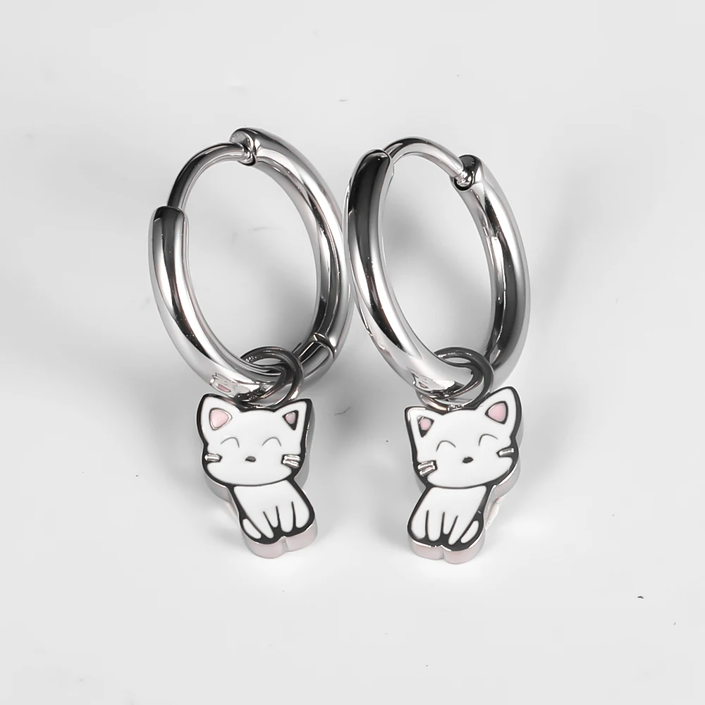 1 Pair of Stainless Steel Plain Ring Earrings With Cartoon Cute Cat Pendant Earrings and Earrings