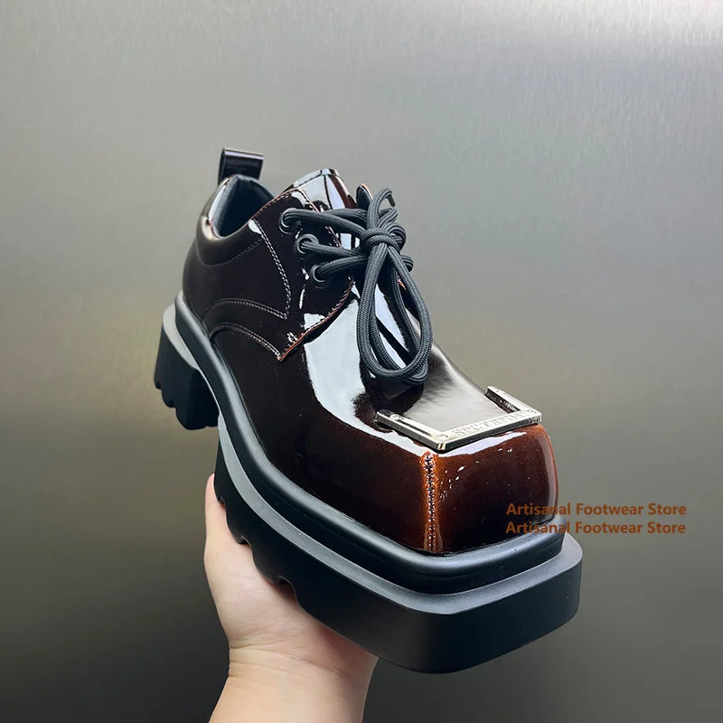 

Square-Toe Derby Shoes for Men Thick-Soled Height-Increasing Lace-Up Shiny Leather Shoes Trendy Big Round Toe Men's Shoes