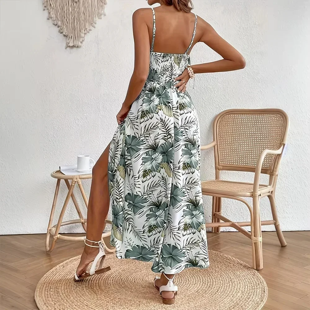 Dresses Spring Summer Casual Daily Full Print Side Slit Sleeveless Sweetheart Neck Midi Cami Vacation Dresses For Women