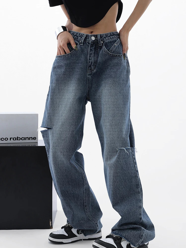 

Vintage Asymmetrical Waist Hole Straight Jeans Womens Loose Denim Pants 2023 Casual Wide Leg Pants Streetwear Mom Jeans