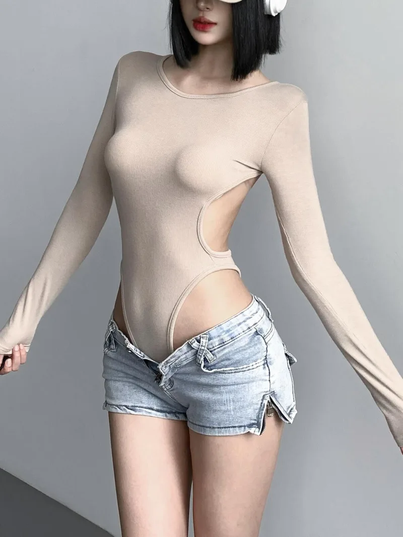 European American Ins Style Tight Sexy Slim Basic Top Summer Pure Desire Spicy Girl Big Backless Long Sleeved Bodysuits D488