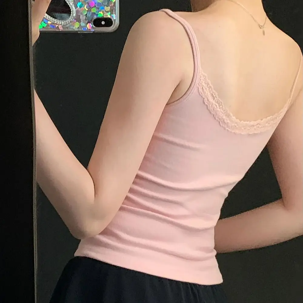 سليم صالح الدانتيل تقليم Strappy تانك القمم القطن الحسية الأبرياء نظرة سترة قصيرة القوس هوتي حبال الفتيات النساء