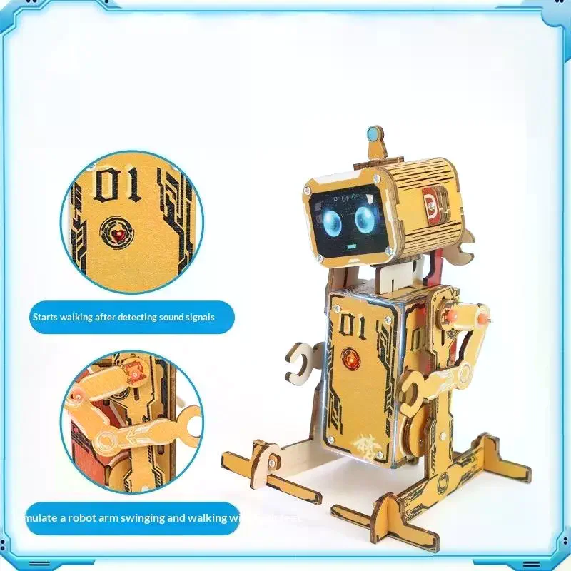 1 Zestaw Edukacyjnych Klocków Konstrukcyjnych Zabawka do Składania DIY Robot Naukowy Puzzle Drewniane 3D Robot Aktywowany Głosem Zestawy STEM dla Dzieci i Nastolatków