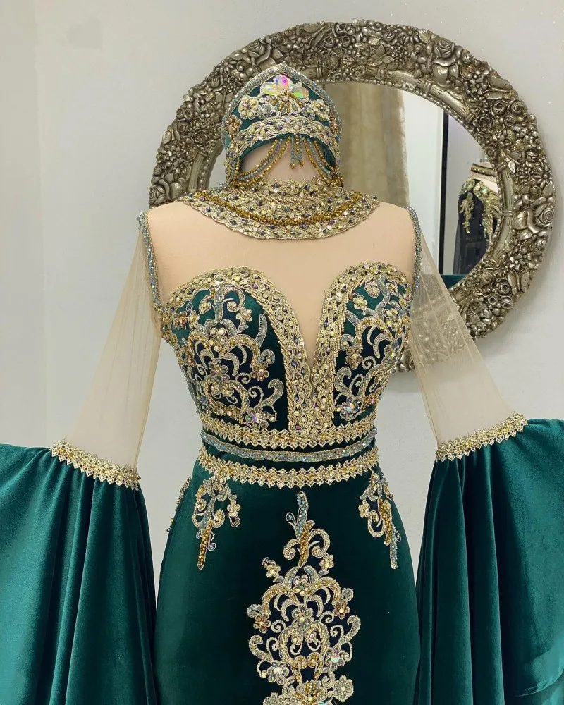 Emerald Hunter Green Mermaid Arabic Caftan Prom Dresses with Fairy Long Sleeve Gold Applique Moroccan Evening Occasion Gown