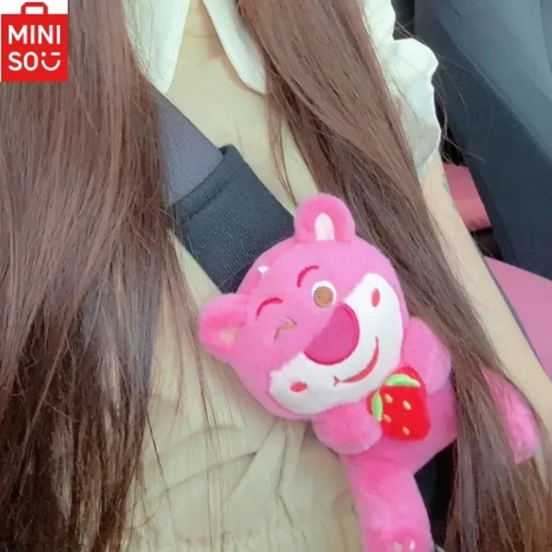 MINISO Disney Strawberry Bear Car Cartoon Plush Seat Belt Shoulder Protector Shoulder Strap Cover Anti-wear Clothes Accessories