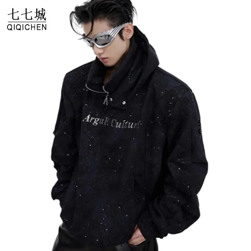 Winter Fleece Hoodie Men Hip Hop Double Layered Sequin Collar Shoulder Pads Hooded Sweatshirt Black Oversize Pullover Streetwear