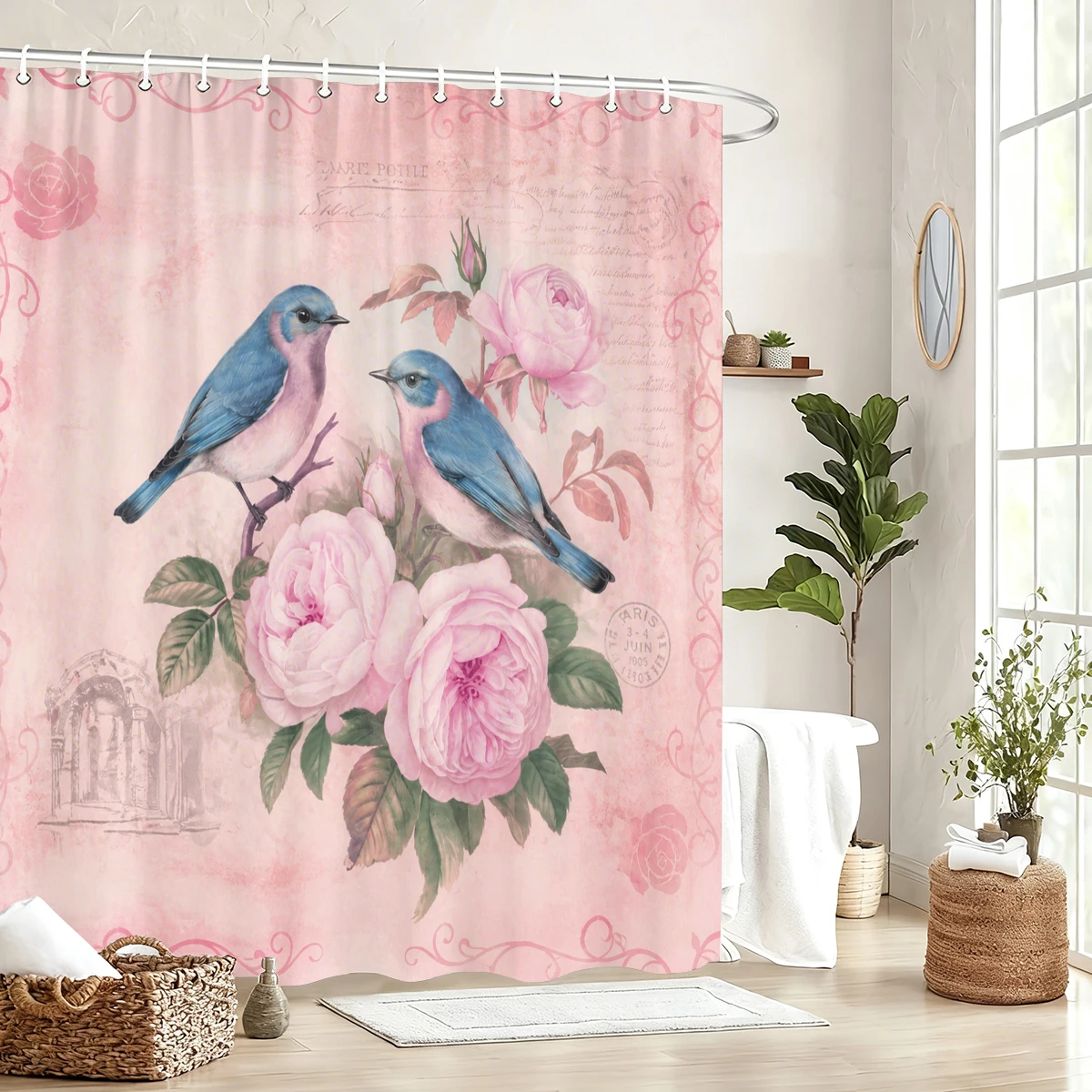 Vibrant Floral & Animal Pattern Polyester Bathtub Curtain - Stylish Bathroom Decor with Creative Printed Designs