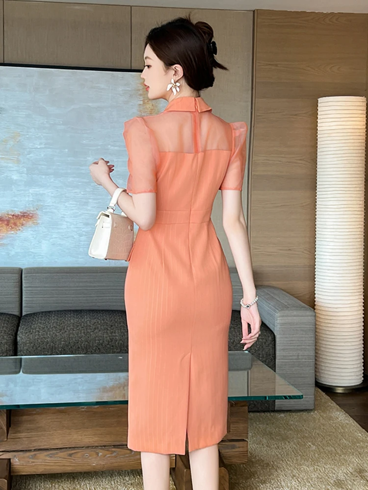 New Summer Elegant Office Business Formal Occasion Dress Women Clothes Mesh Sheer Striped Short Sleeve Slim Midi Pencil Vestidos