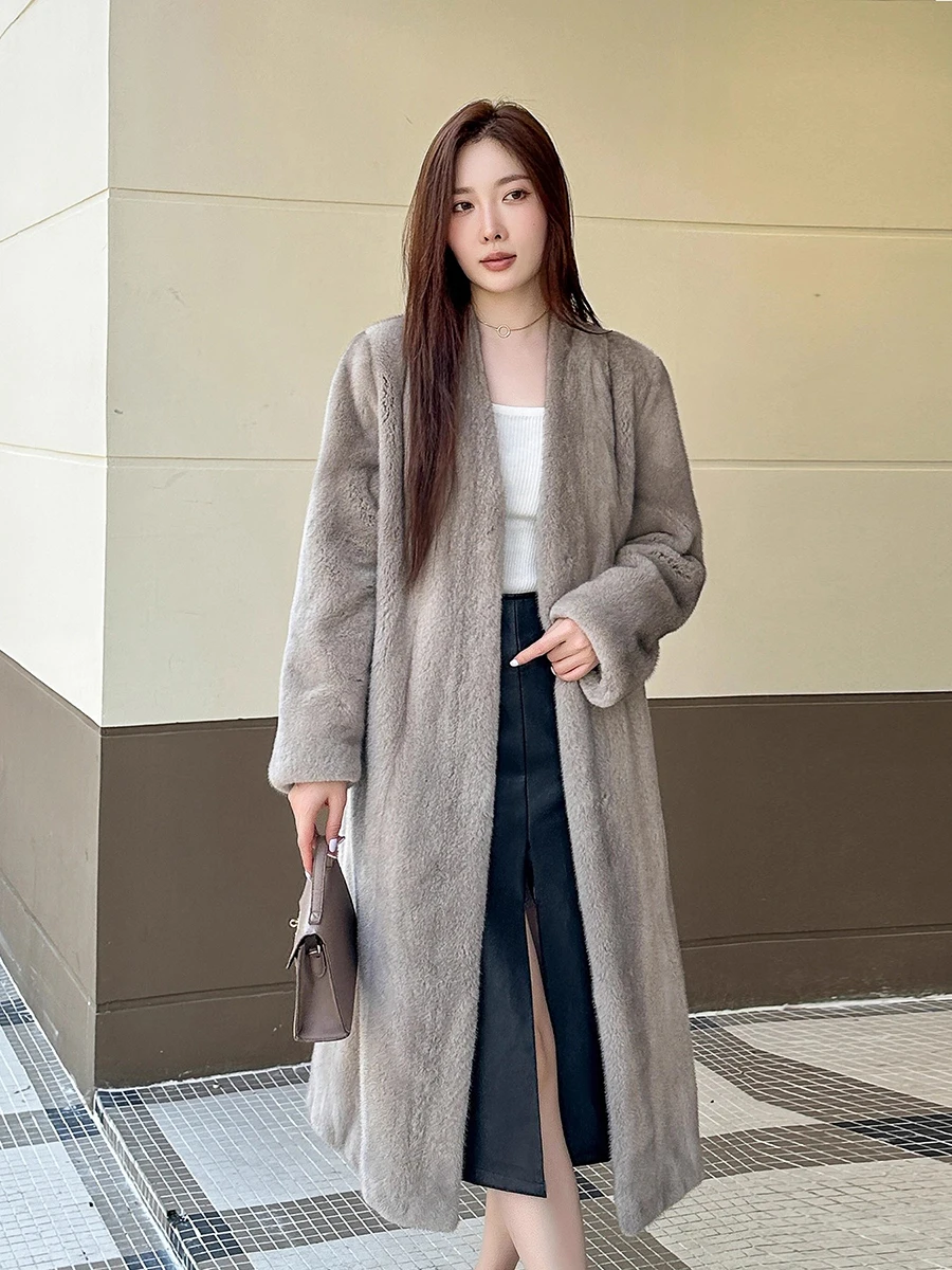 

Lautaro Winter Long Luxury Elegant Stylish Thick Warm Fluffy Soft Faux Mink Fur Coat Women with Deep V Neck Furry Overcoat 2025