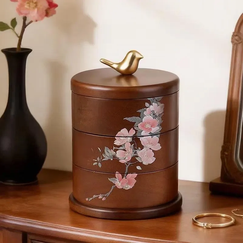 New Solid Wood Jewelry Storage Box High End Exquisite Rotatable Organizer for Rings Necklaces Earrings Valentine Day Gift
