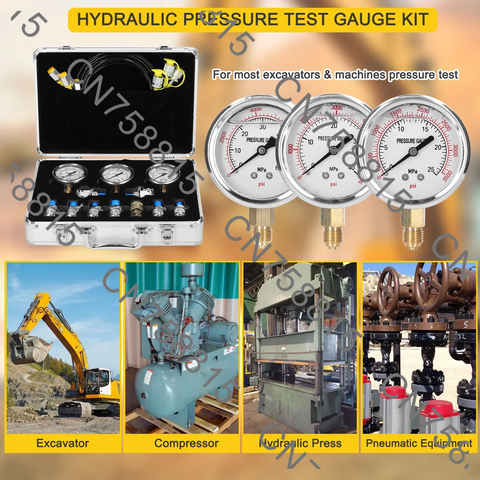 For Excavator Loader Construction Machinery，Professional Hydraulic Test Kit with 9 Multi-Size Couplings & 3 Pressure Gauges
