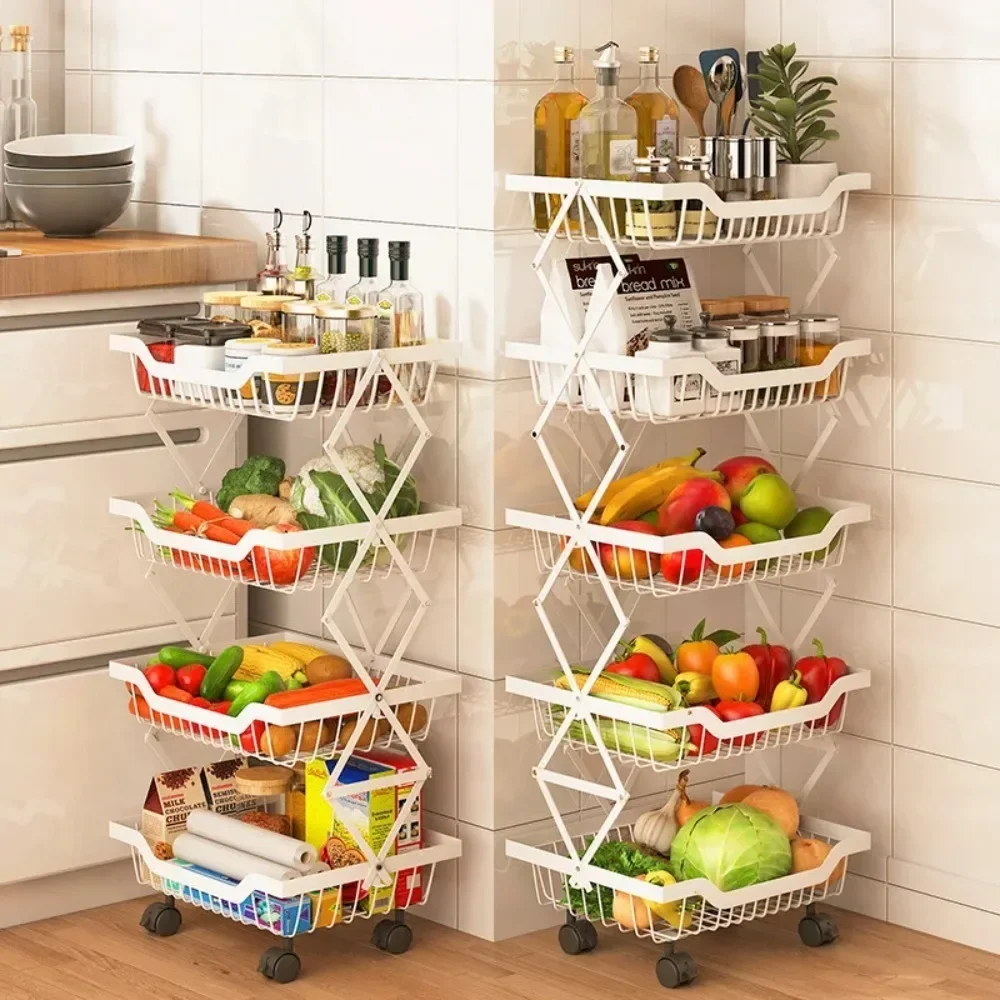 Movable Kitchen Fruit Basket Stackable Crevice Vegetable Storage Cart Floor-Mounted Multi-Layer Shelf Folding Rack Trolley Cart