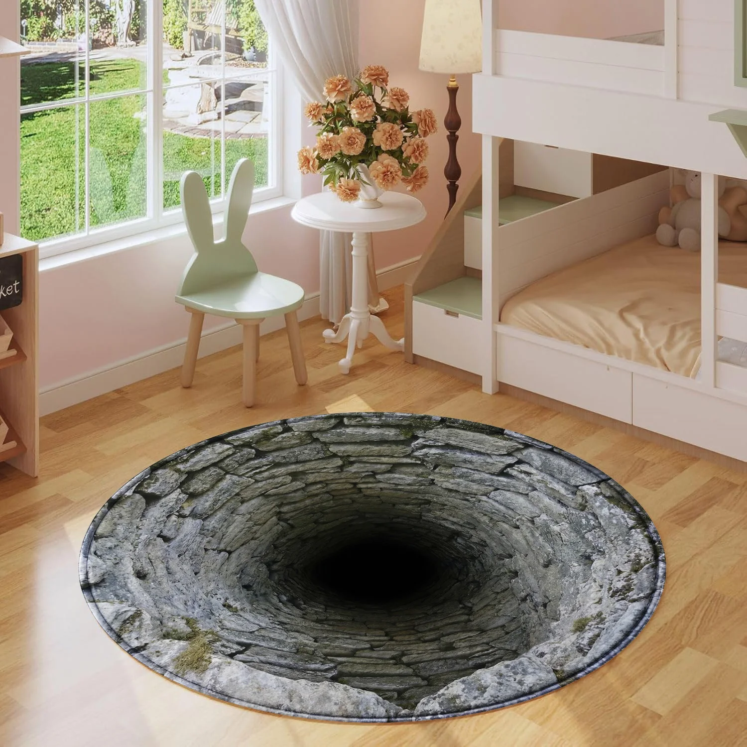 3D Deep Hole Stone Well Round Rug, Optical Illusion Abyss Floor Mat, Vintage Cobblestone Circle Carpet for Entryway, Living Room