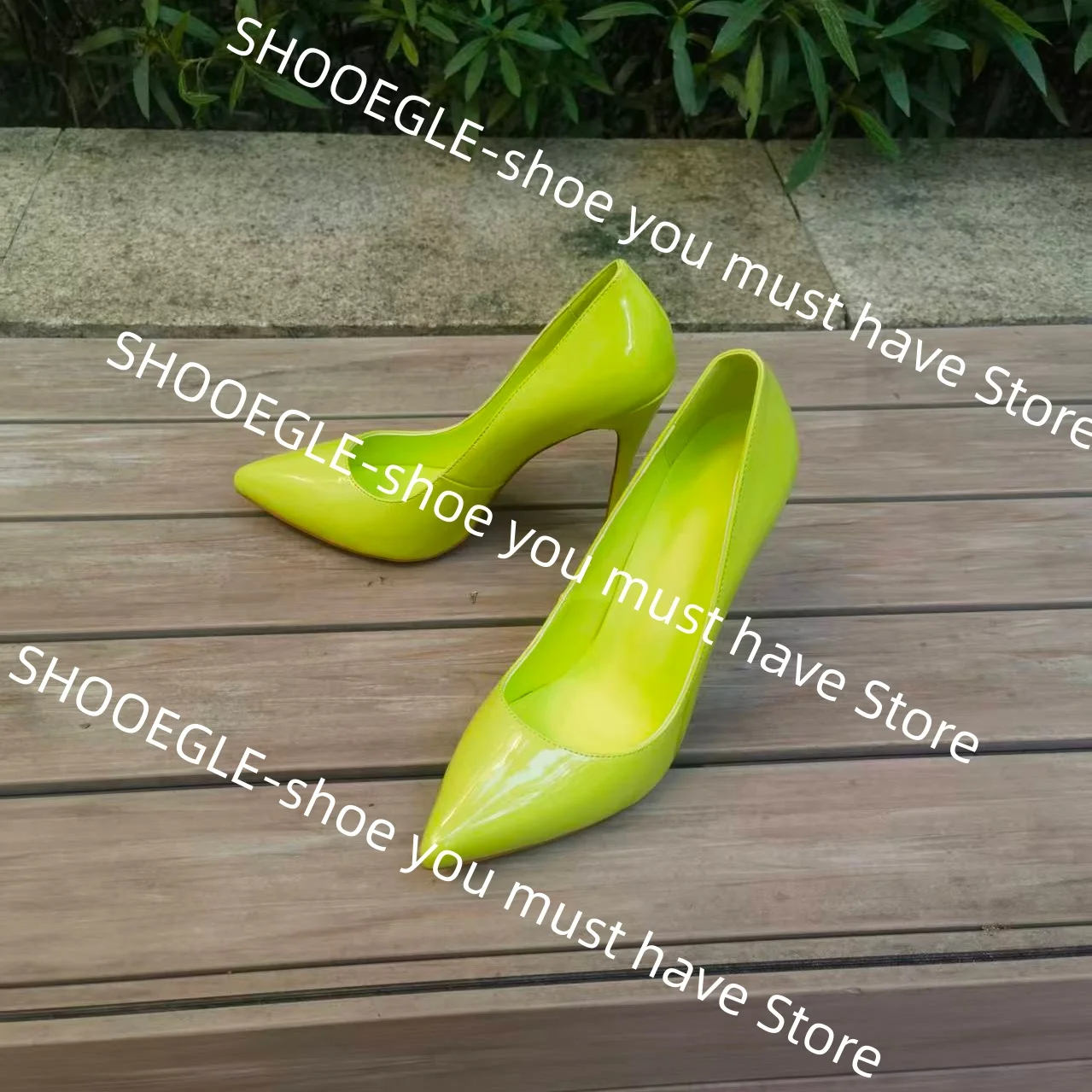 

Women's Neon Yellow Patent Leather Design Pointed-Toe Stiletto Heel Pumps Modern Glamour Classic Ladies Daily Office Single Shoe