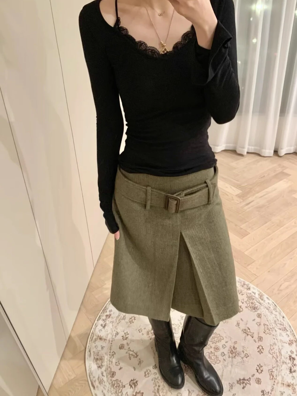 Women Midi A‑Line Skirt With Belt Square Buckle Front Split Faux Two‑Piece Pleated Mid‑Length Skirt Office Commuter Skirt